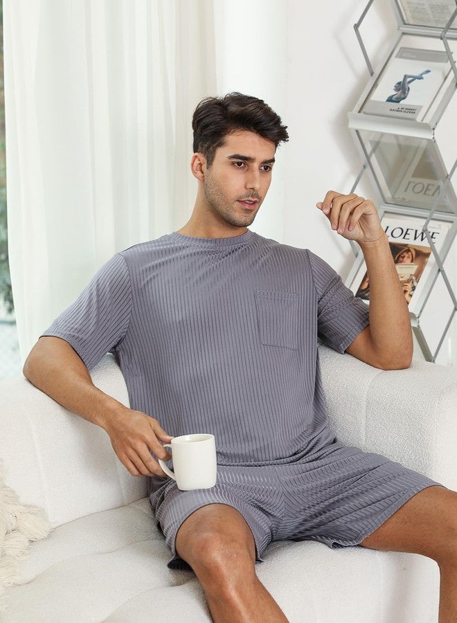 EISHOPEER Ribbed Knit 2 Piece Lounge Sets Short Matching Outfits Loungewear Pajamas Sleepwear Sweatsuit Tracksuit Grey Medium - Image 4